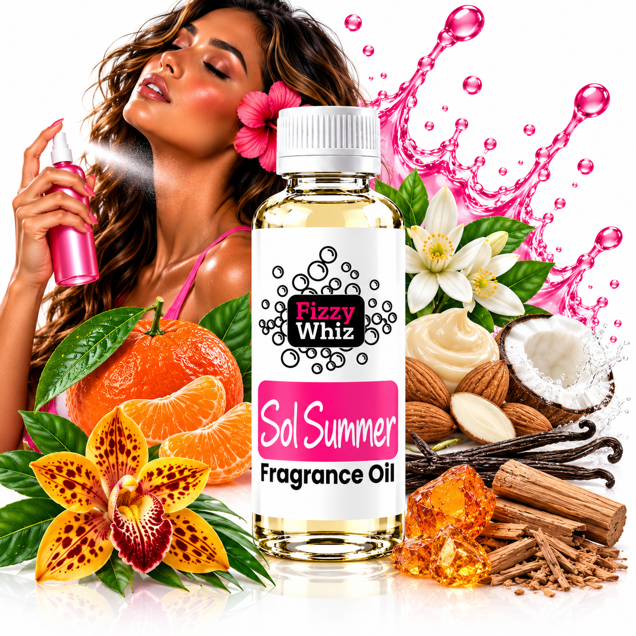 A bottle of Fizzy Whiz Sol Summer Fragrance Oil centered on a white background, surrounded by summer-themed ingredients including an orange, orchid flower, vanilla beans, cinnamon sticks, amber crystals, and a woman holding a pink spray bottle.
