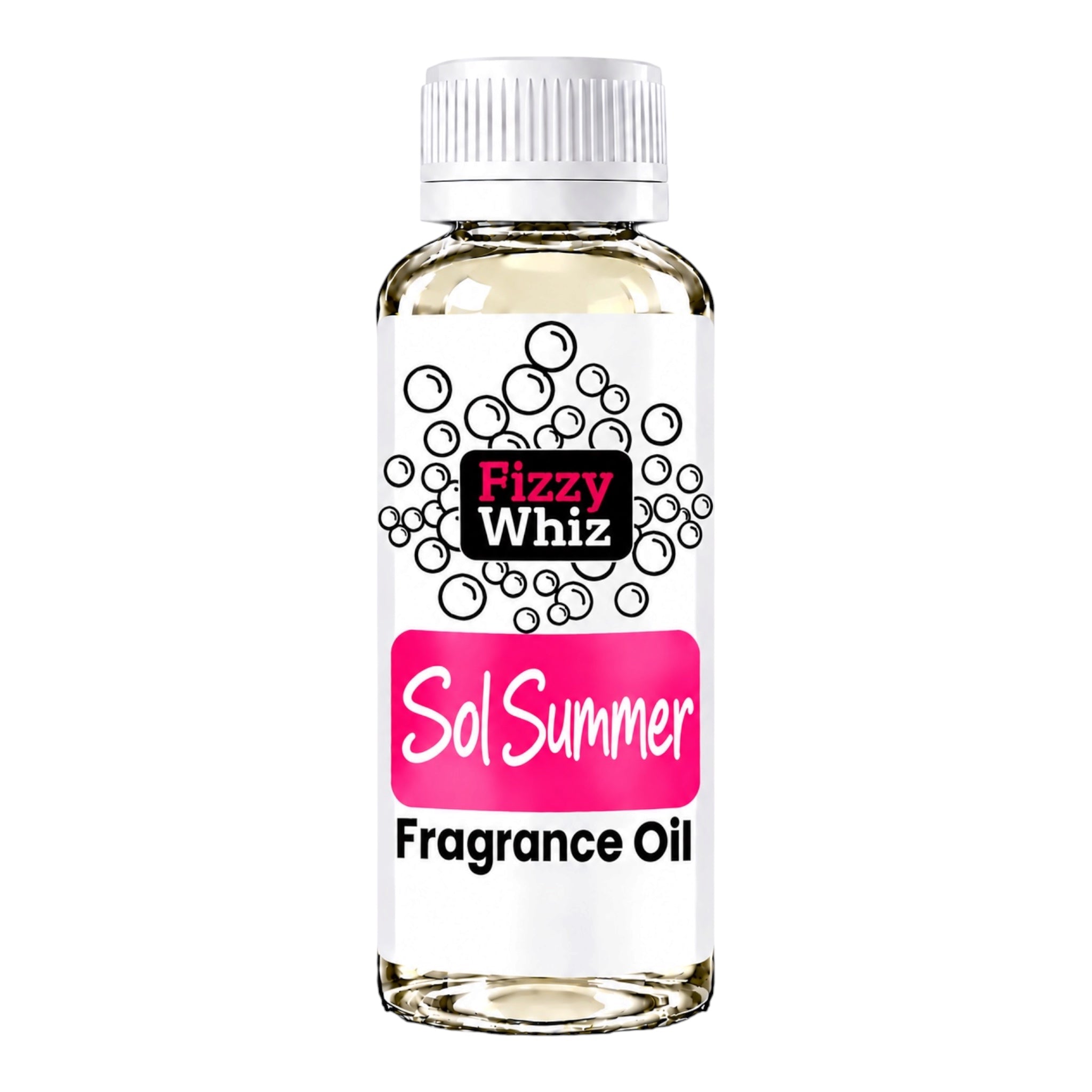 A bottle of Fizzy Whiz Sol Summer Fragrance Oil on a solid white background. The bottle is made of clear glass showing a light yellow liquid inside, topped with a white ribbed cap and a white label featuring pink and black graphics.