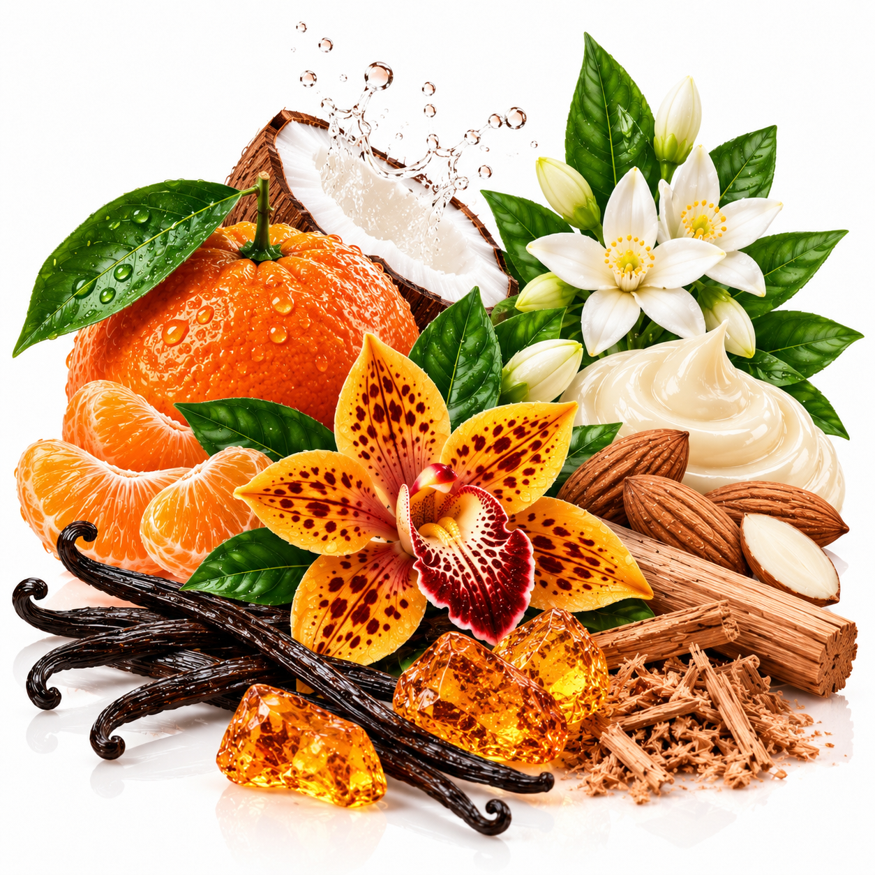 A styled arrangement of natural ingredients on a white background, including an orange, peeled mandarin segments, a halved coconut, white flowers with green leaves, vanilla beans, amber crystals, cinnamon sticks, almonds, and a large yellow-orange orchid flower.
