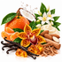 A styled arrangement of natural ingredients on a white background, including an orange, peeled mandarin segments, a halved coconut, white flowers with green leaves, vanilla beans, amber crystals, cinnamon sticks, almonds, and a large yellow-orange orchid flower.