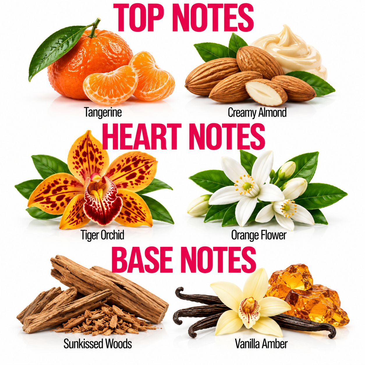 A fragrance notes graphic with the headings TOP NOTES, HEART NOTES, and BASE NOTES on a white background. The top notes section shows a tangerine, creamy almond, tiger orchid flower, and orange flower.