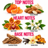 A fragrance notes graphic with the headings TOP NOTES, HEART NOTES, and BASE NOTES on a white background. The top notes section shows a tangerine, creamy almond, tiger orchid flower, and orange flower.