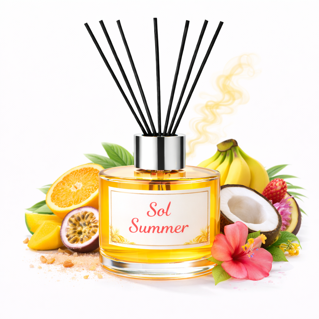 Reed diffuser labeled 'Sol Summer' surrounded by tropical fruits and flowers on a white background