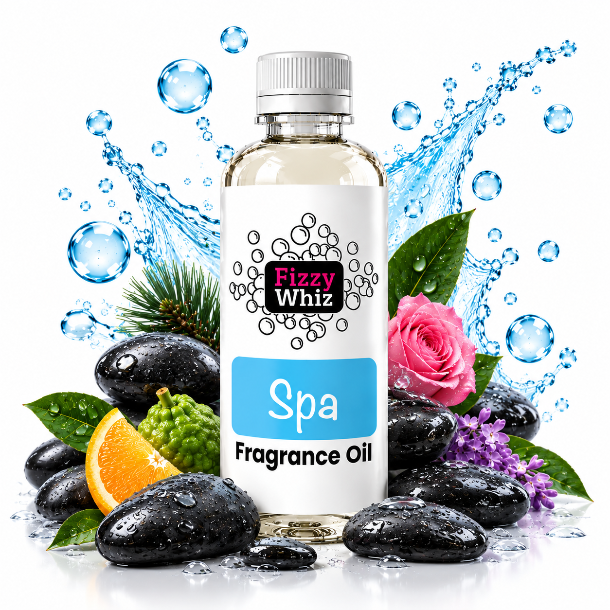 A bottle of Fizzy Whiz Spa Fragrance Oil centered on a white background, surrounded by spa stones, green leaves, a pink rose, purple flowers, an orange slice, and blue water splash graphics. The bottle has a white cap and a white label with a blue 'Spa' panel.