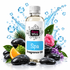 A bottle of Fizzy Whiz Spa Fragrance Oil centered on a white background, surrounded by spa stones, green leaves, a pink rose, purple flowers, an orange slice, and blue water splash graphics. The bottle has a white cap and a white label with a blue 'Spa' panel.