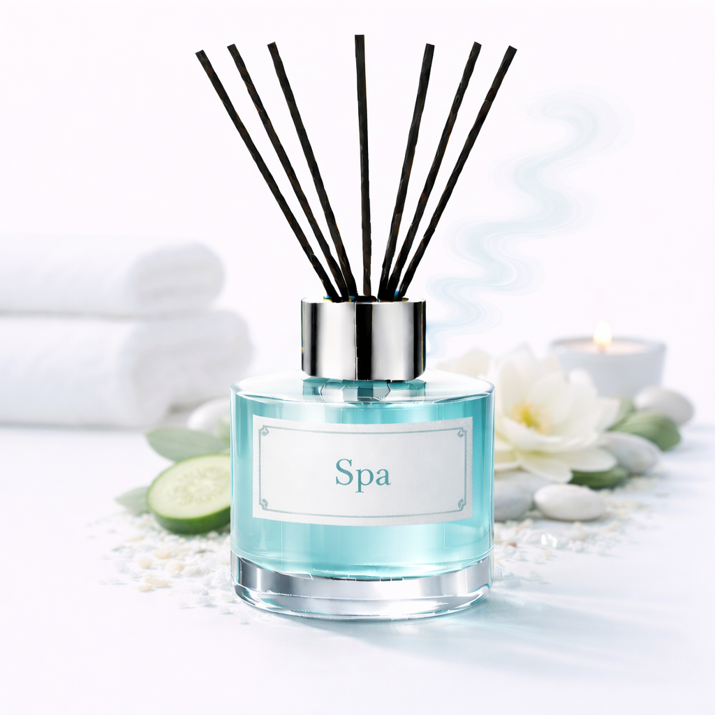 Reed diffuser labeled 'Spa' with black reeds on a white background
