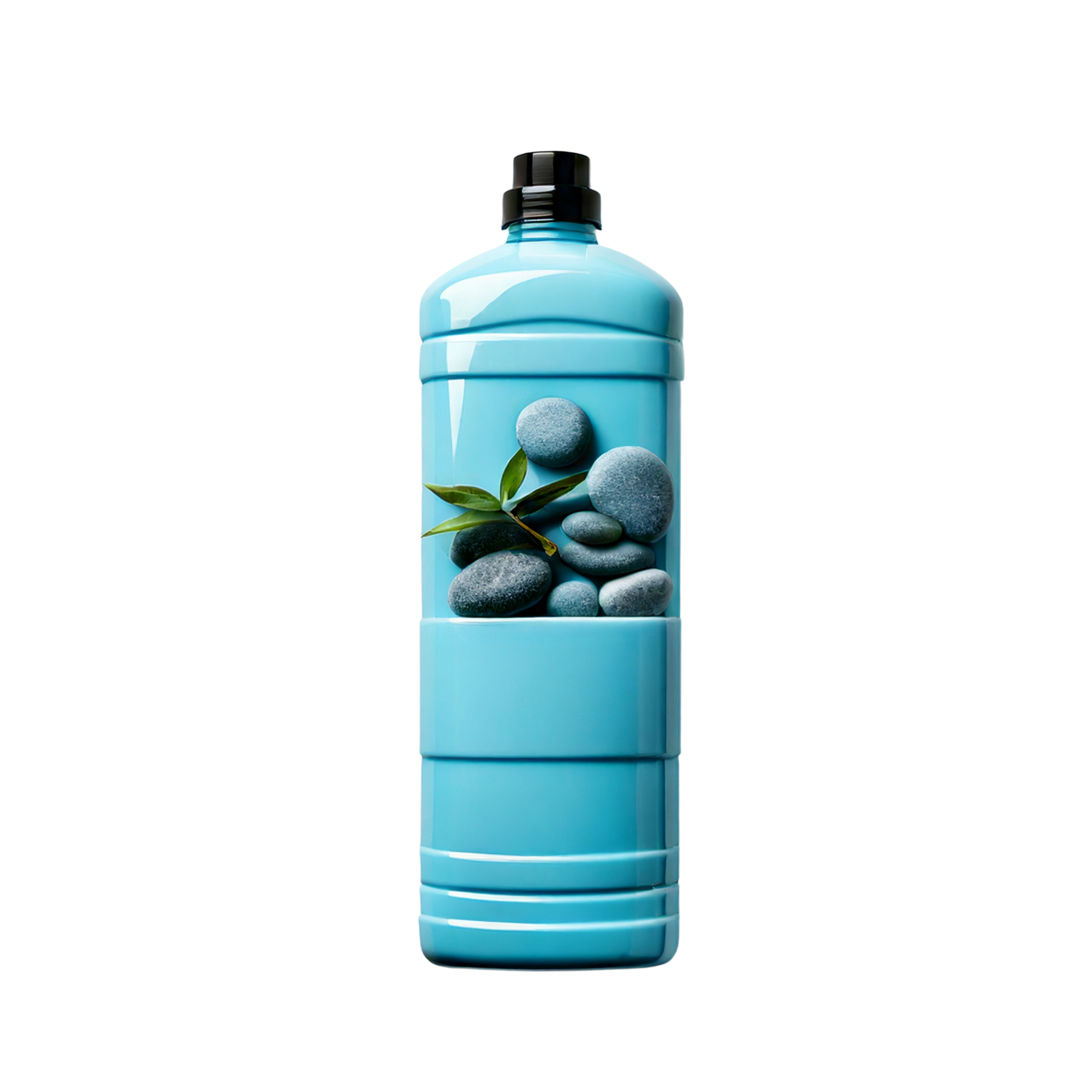Blue plastic bottle with a black screw cap and spa-style label featuring smooth stones and green leaves, shown upright on a light background.