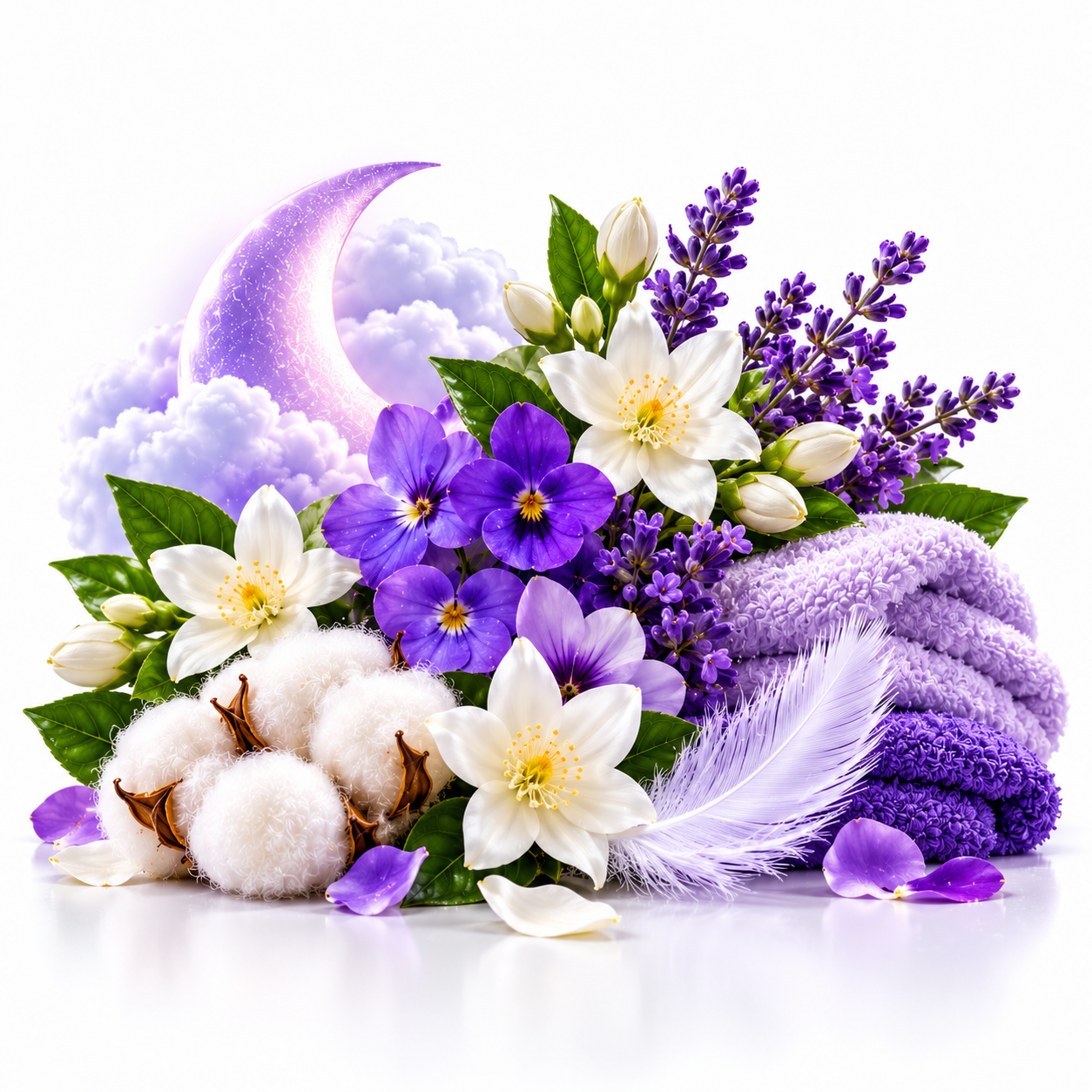A styled arrangement of lavender and purple flowers, white blossoms, cotton bolls, folded lavender towels, a feather, and a pink-purple crescent moon on a clean white background.