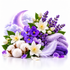 A styled arrangement of lavender and purple flowers, white blossoms, cotton bolls, folded lavender towels, a feather, and a pink-purple crescent moon on a clean white background.