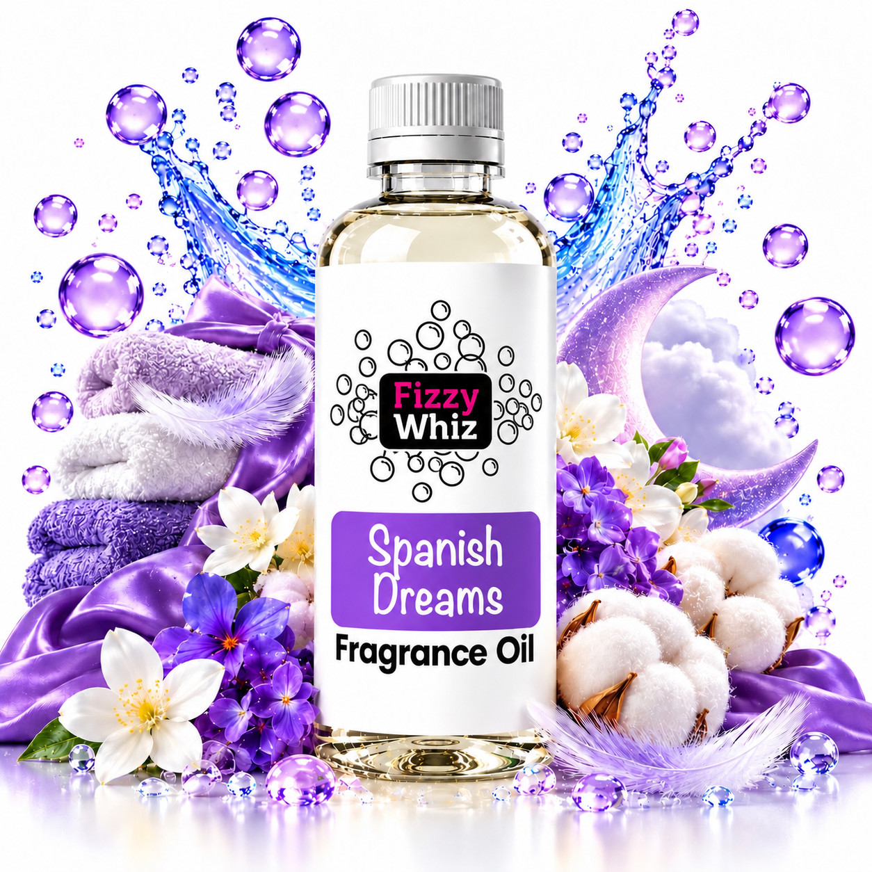 A bottle of Fizzy Whiz 'Spanish Dreams' fragrance oil centered against a white background, surrounded by decorative purple and lavender-themed props including flowers, cotton bolls, feathers, purple silk, bubbles, and a crescent moon.