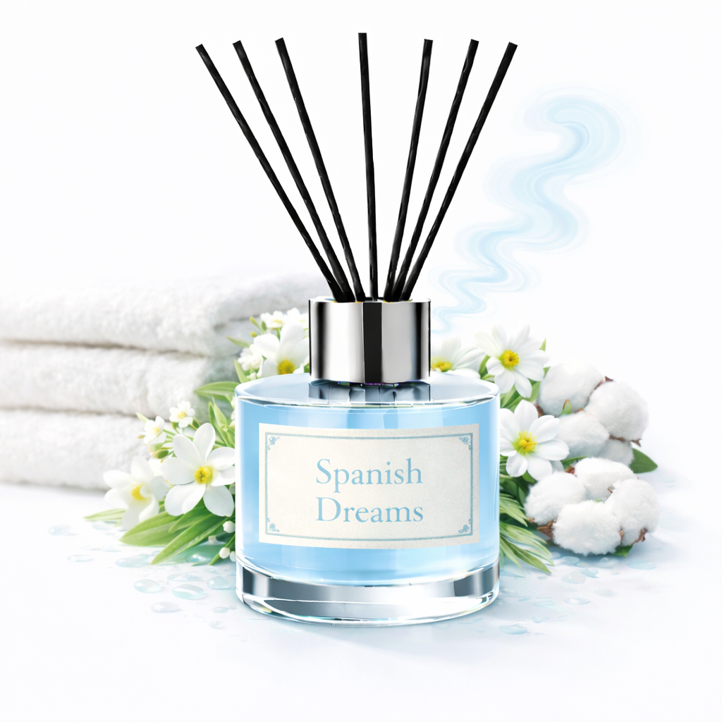 Diffuser with 'Spanish Dreams' label surrounded by flowers on a white background