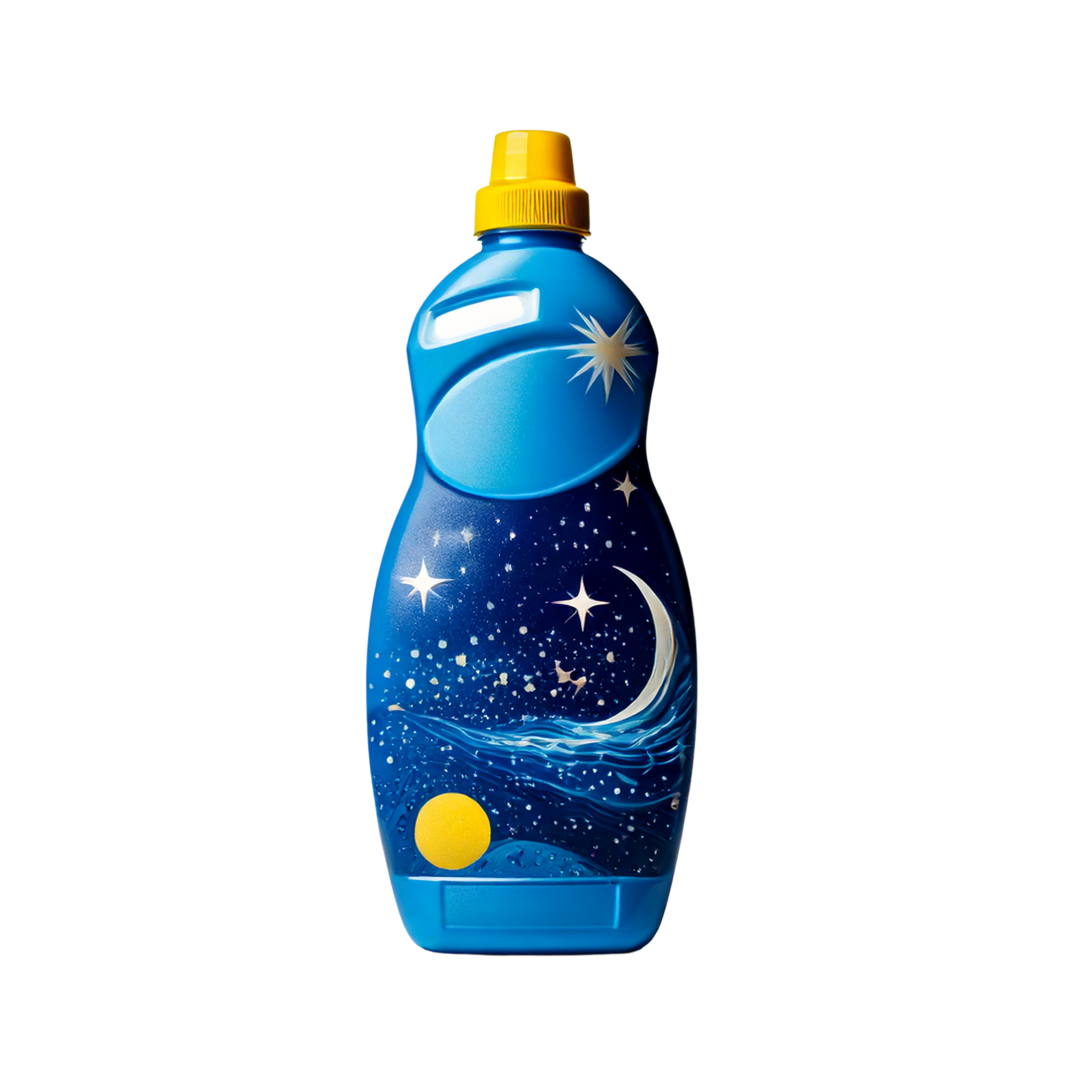 Blue plastic bottle with a night sky and moon illustration, featuring stars, waves and a yellow accent circle, finished with an orange cap, displayed upright on a light background.