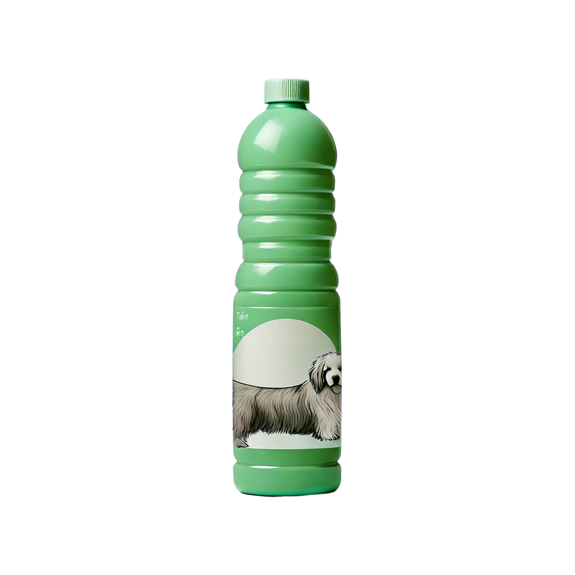 Green plastic cleaning bottle with a ribbed design and a decorative label featuring a grey dog illustration, shown upright on a light background.