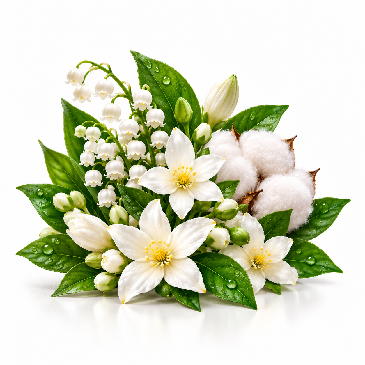 A botanical-style floral cluster with white blossoms, green leaves, cotton bolls, and small bell-shaped flowers on a clean white background.