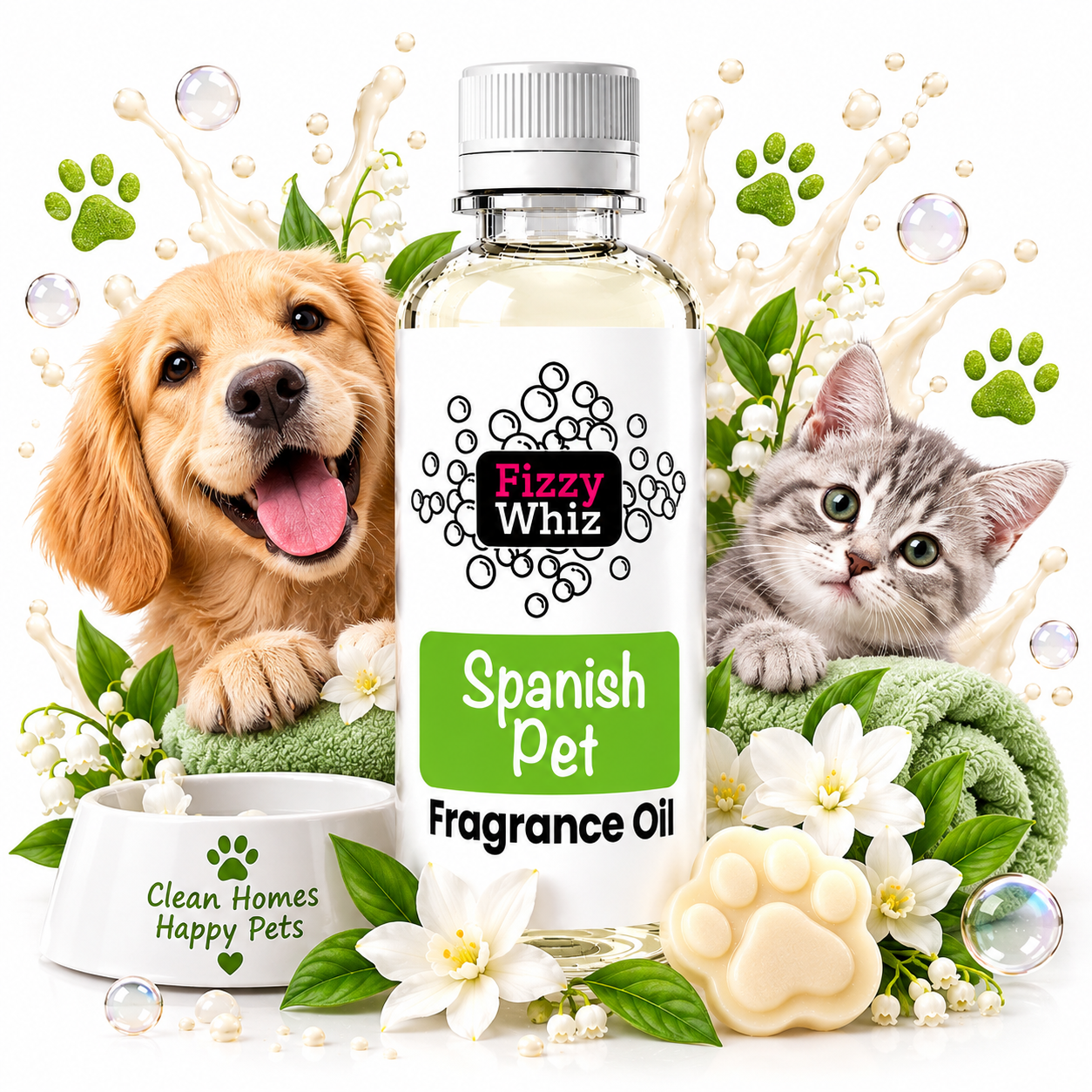 A bottle of Fizzy Whiz Spanish Pet Fragrance Oil centered on a white background, surrounded by a golden retriever, a gray kitten, flowers, leaves, soap paws, a bowl, and decorative splash effects. The product label reads 'Fizzy Whiz' and 'Spanish Pet Fragrance Oil.