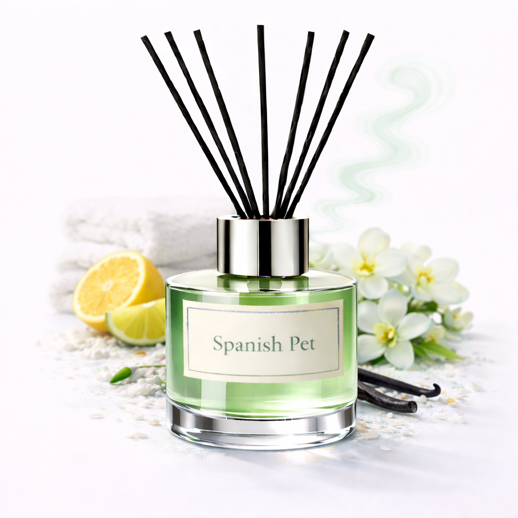 Reed diffuser labeled 'Spanish Pet' with lemons, vanilla beans, and flowers on a white background