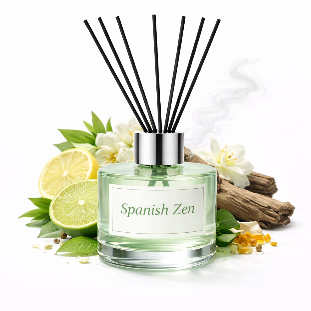 Diffuser with 'Spanish Zen' label surrounded by lemons, flowers, and wood on a white background