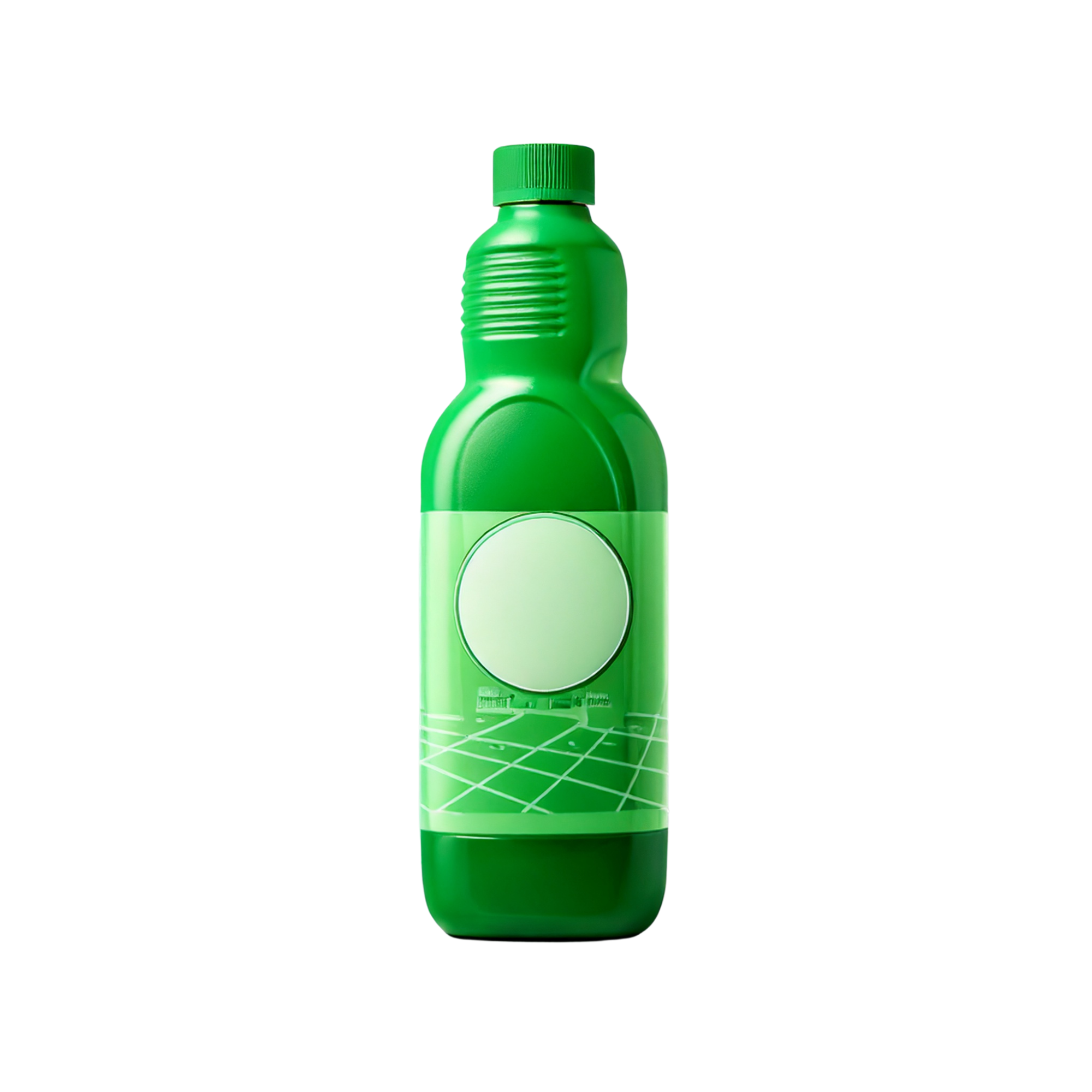 Green plastic fragrance oil bottle with a ribbed neck and circular label area, shown upright on a light background.