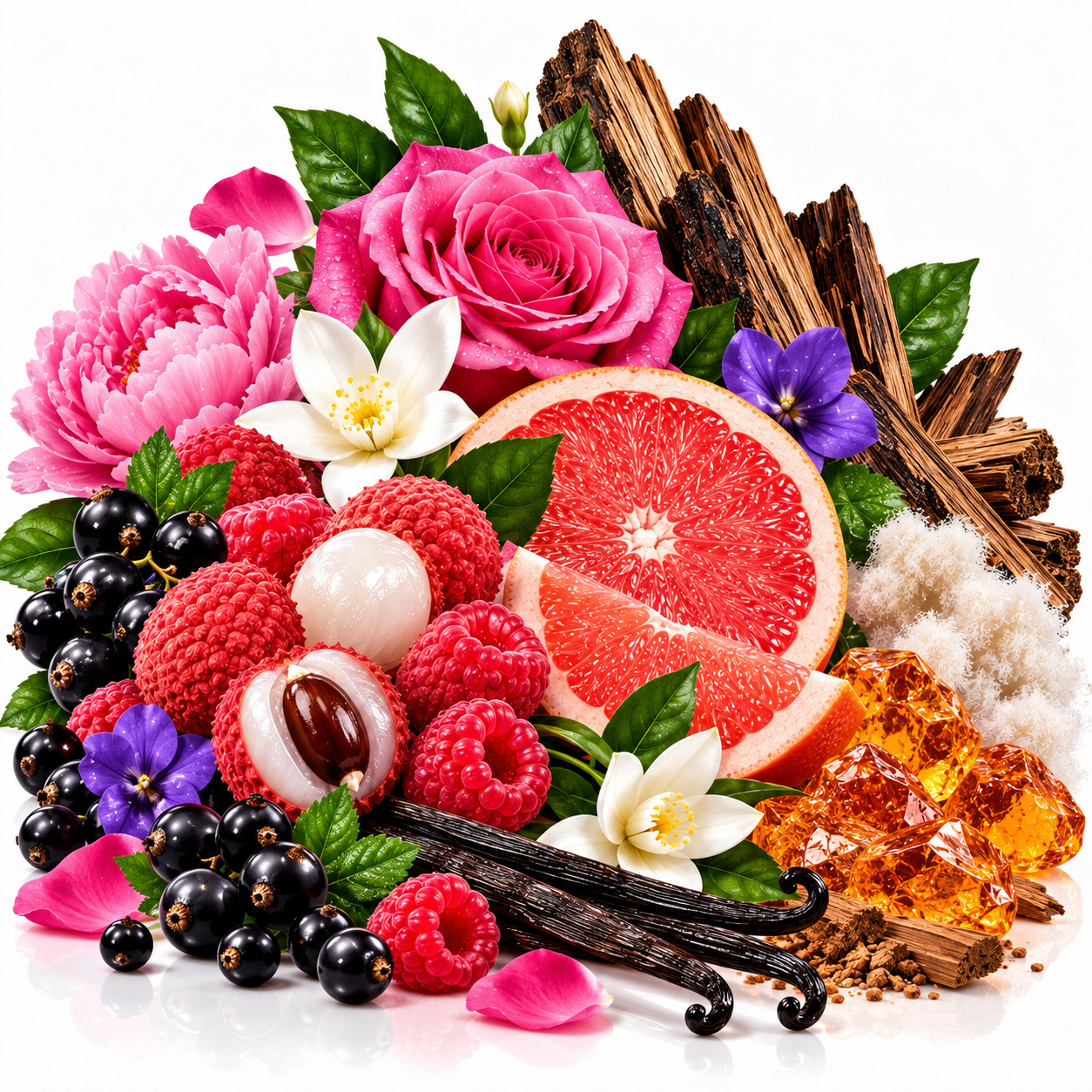 A colorful still life arrangement of natural ingredients on a white background, including pink roses, grapefruit slices, raspberries, blackcurrants, vanilla beans, amber crystals, wood pieces, and white blossoms.