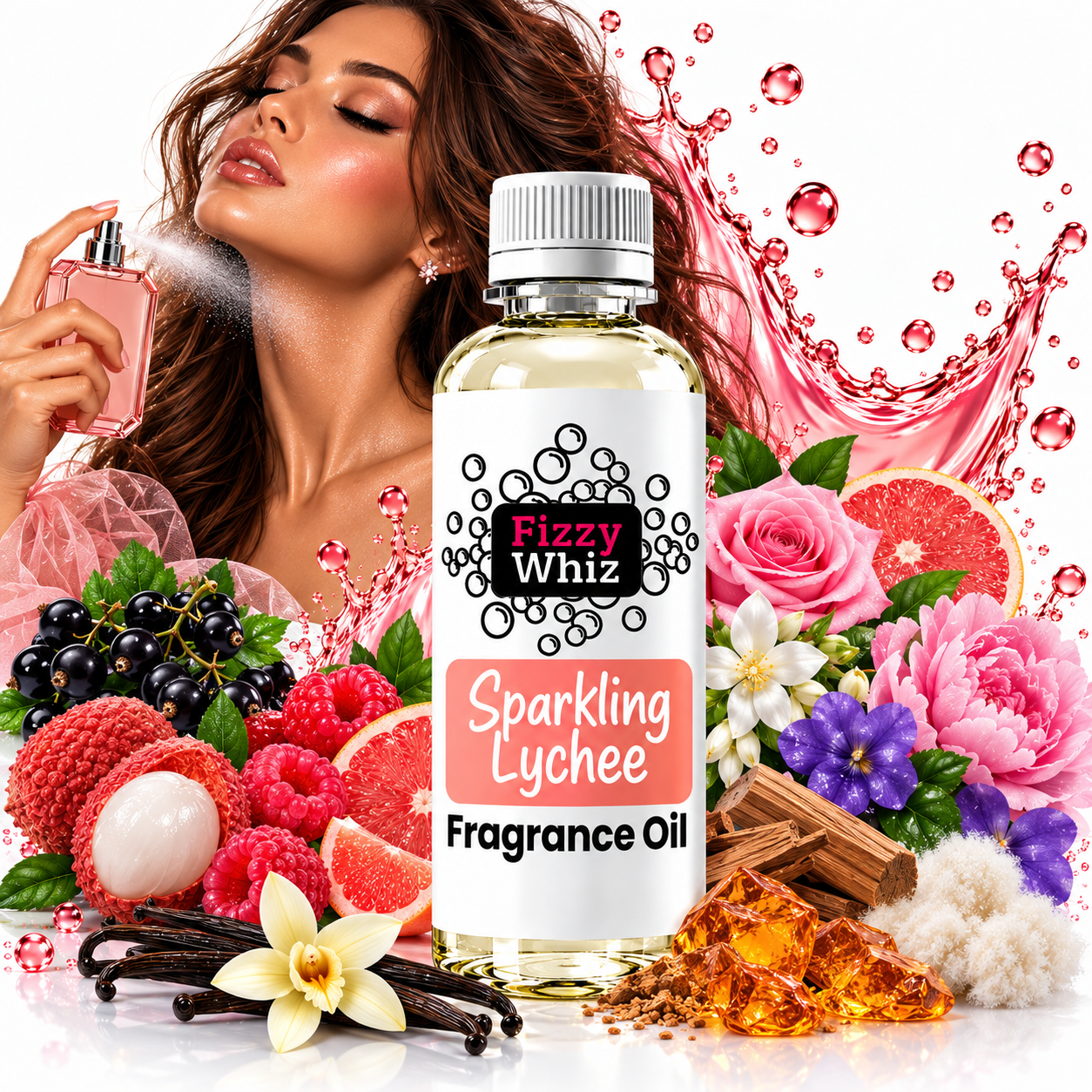 A bottle of Fizzy Whiz Sparkling Lychee Fragrance Oil is centered, surrounded by illustrated fruits (lychee, raspberries, grapefruit), flowers, vanilla beans, and a woman spraying perfume in the background on a white studio-style backdrop.