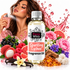 A bottle of Fizzy Whiz Sparkling Lychee Fragrance Oil is centered, surrounded by illustrated fruits (lychee, raspberries, grapefruit), flowers, vanilla beans, and a woman spraying perfume in the background on a white studio-style backdrop.
