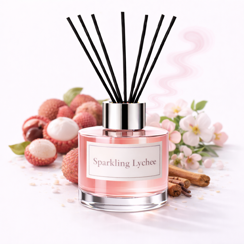 Reed diffuser labeled 'Sparkling Lychee' with lychees and cinnamon sticks on a white background