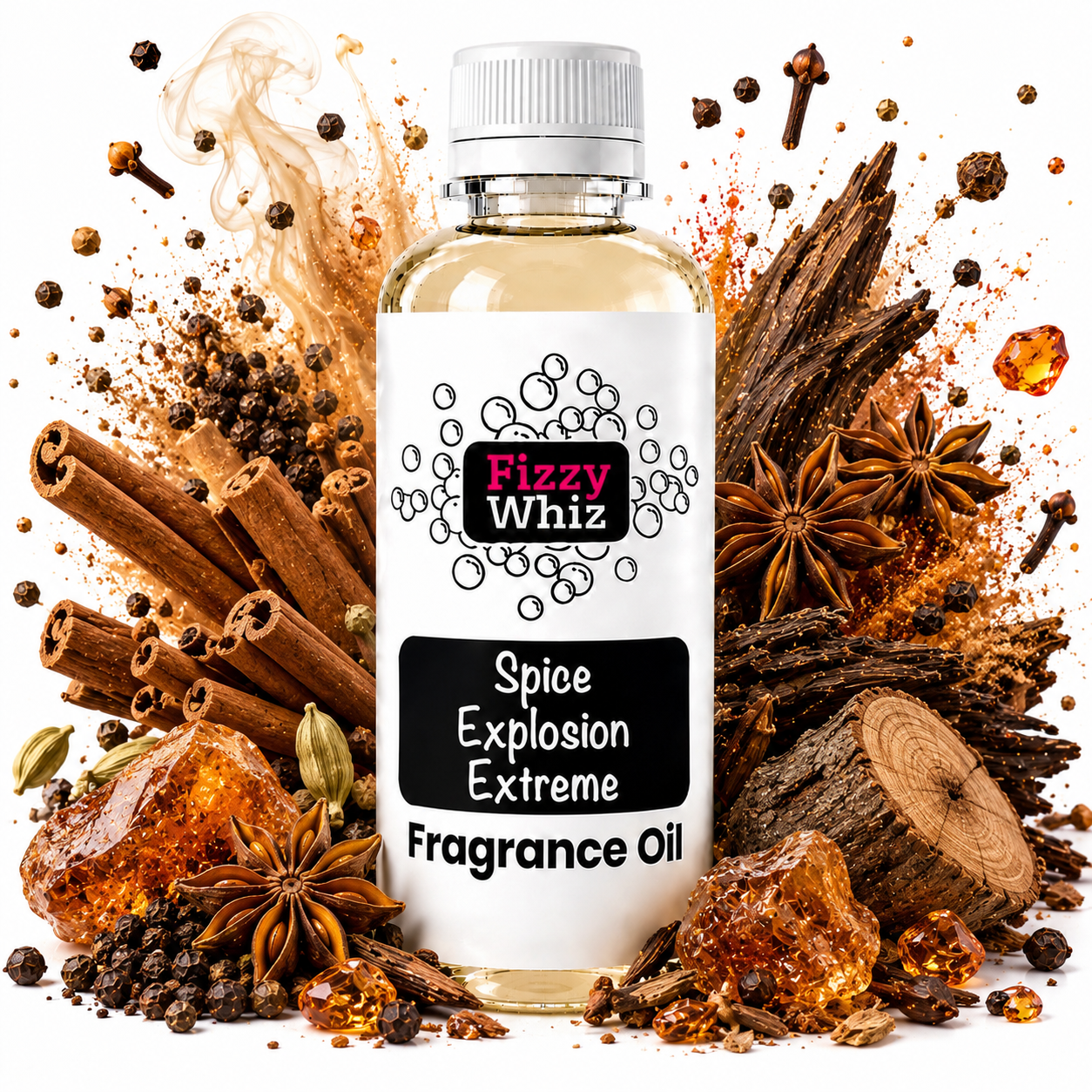 A bottle of Fizzy Whiz Spice Explosion Extreme Fragrance Oil, surrounded by thematic spices like cinnamon sticks, star anise, cloves, and amber crystals on a white background.