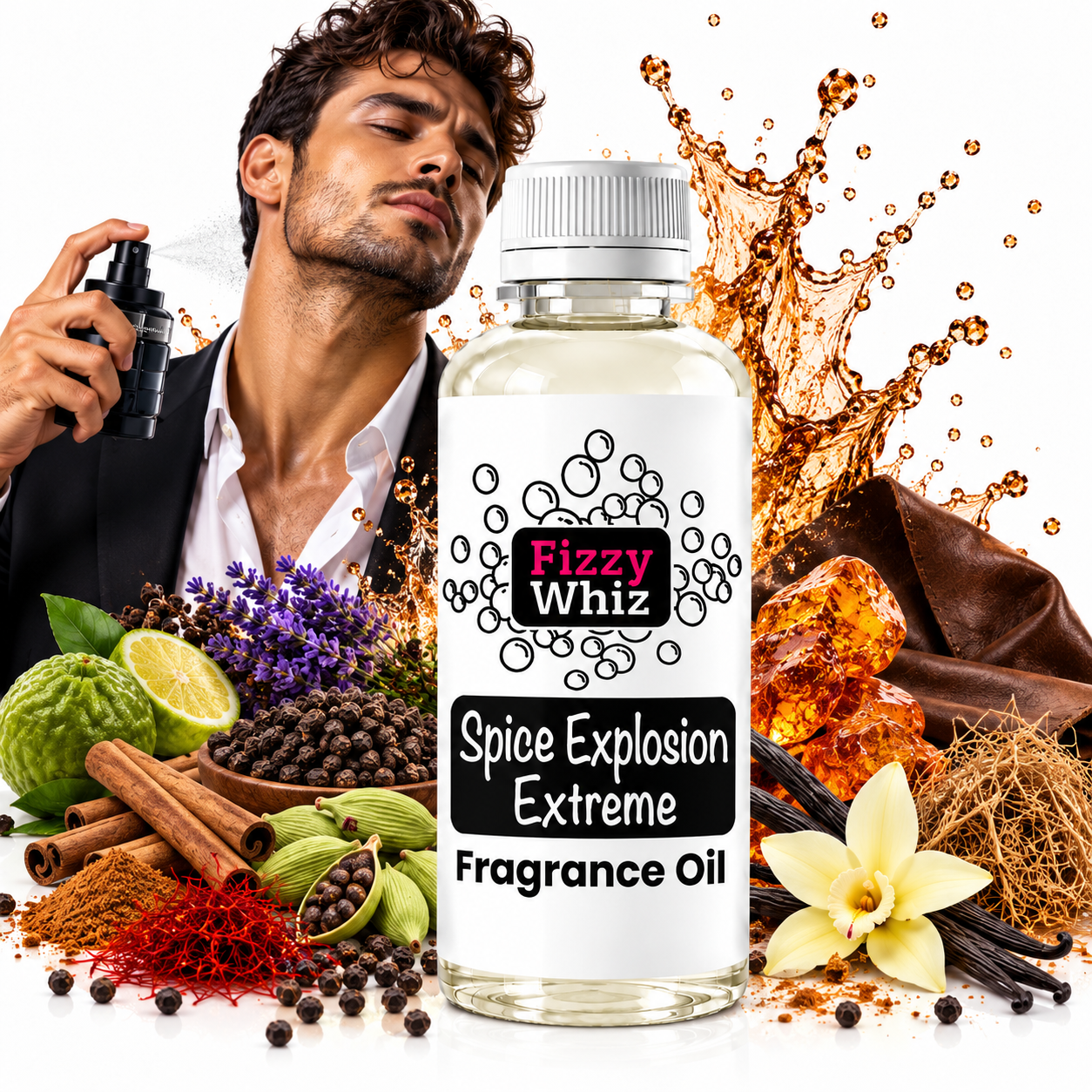 A bottle of Fizzy Whiz Spice Explosion Extreme Fragrance Oil is centered in front of a man spraying fragrance oil, surrounded by spices, citrus, flowers, and liquid splashes on a white background.