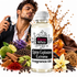 A bottle of Fizzy Whiz Spice Explosion Extreme Fragrance Oil is centered in front of a man spraying fragrance oil, surrounded by spices, citrus, flowers, and liquid splashes on a white background.