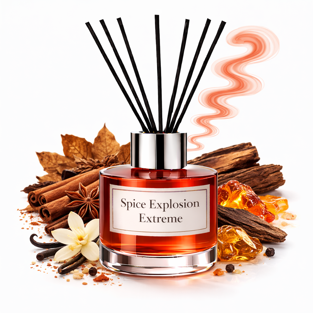 Reed diffuser labeled 'Spice Explosion Extreme' surrounded by spices on a white background