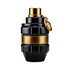 Black and gold perfume bottle with a gold cap and a decorative gold band, designed to hold scented oil.