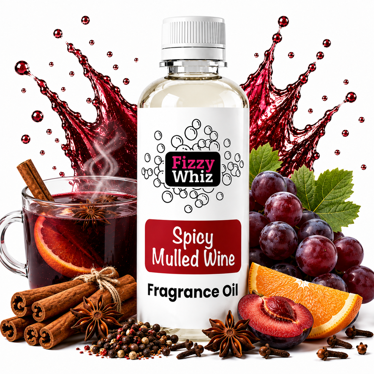 A bottle of Fizzy Whiz Spicy Mulled Wine Fragrance Oil centered against a white background, surrounded by its scent ingredients including a glass of red wine with a cinnamon stick, orange slices, grapes, cloves, star anise, and cinnamon sticks.