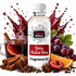 A bottle of Fizzy Whiz Spicy Mulled Wine Fragrance Oil centered against a white background, surrounded by its scent ingredients including a glass of red wine with a cinnamon stick, orange slices, grapes, cloves, star anise, and cinnamon sticks.