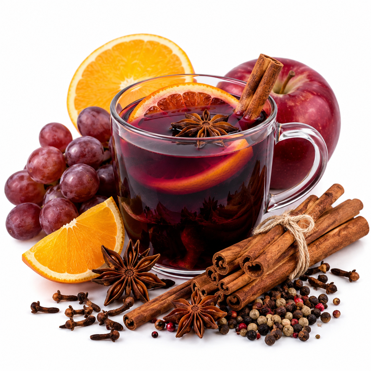 A clear glass mug filled with dark red hot chocolate or mulled wine, garnished with an orange slice and star anise, surrounded by cinnamon sticks, whole spices, star anise, cloves, grapes, an apple, and orange slices on a white background.