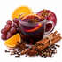 A clear glass mug filled with dark red hot chocolate or mulled wine, garnished with an orange slice and star anise, surrounded by cinnamon sticks, whole spices, star anise, cloves, grapes, an apple, and orange slices on a white background.