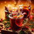 Jars of mulled wine fragrance oil with steam rising, surrounded by holiday decorations, cinnamon sticks, and orange slices.