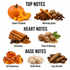A fragrance notes graphic on a white background showing top, heart, and base notes with ingredient photos and labels: Sweet Pumpkin, Warming Spice, Cinnamon, Clove & Nutmeg, Soft Sweetness, Gentle Musk, and Cosy Warmth.