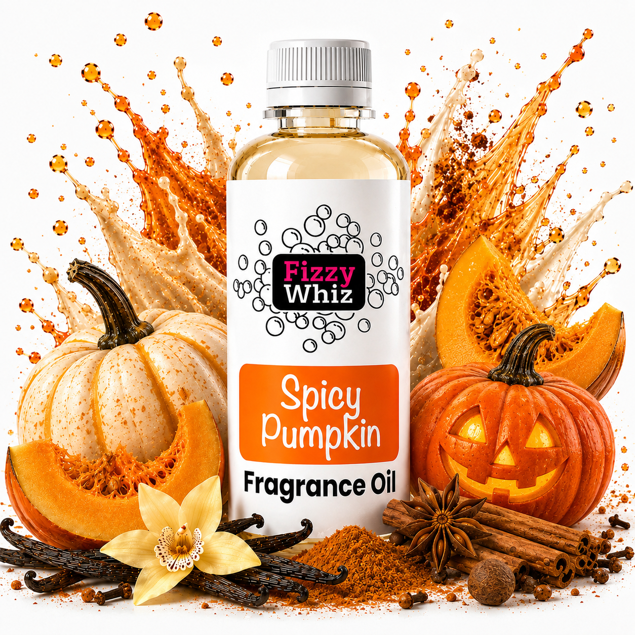 A bottle of Fizzy Whiz Spicy Pumpkin Fragrance Oil centered against a white background, surrounded by decorative autumn ingredients including carved pumpkins, pumpkin seeds, vanilla beans, cinnamon sticks, star anise, and spice powder splashes.