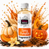A bottle of Fizzy Whiz Spicy Pumpkin Fragrance Oil centered against a white background, surrounded by decorative autumn ingredients including carved pumpkins, pumpkin seeds, vanilla beans, cinnamon sticks, star anise, and spice powder splashes.