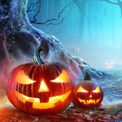 A digital image featuring two jack-o'-lanterns with a Halloween theme, set in a spooky forest backdrop.
