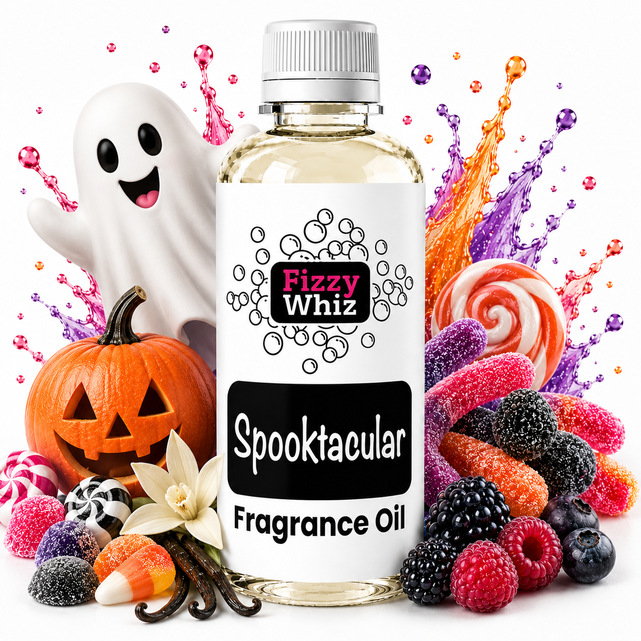 A bottle of Fizzy Whiz Spooktacular Fragrance Oil centered on a white background, surrounded by Halloween-themed props including a ghost, pumpkin, candy, vanilla beans, and assorted berries. The bottle label reads 'Fizzy Whiz' and 'Spooktacular Fragrance Oil'.