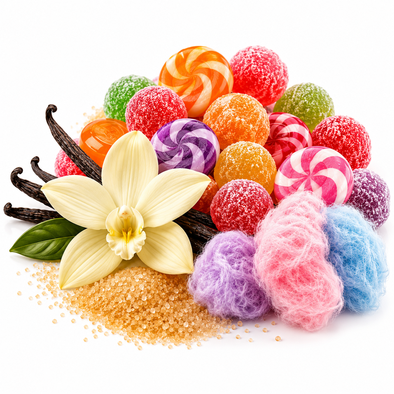 A colorful assortment of sugar-coated candies and sweets arranged with vanilla beans, a large cream-colored vanilla flower, and a small pile of coarse sugar on a white background.