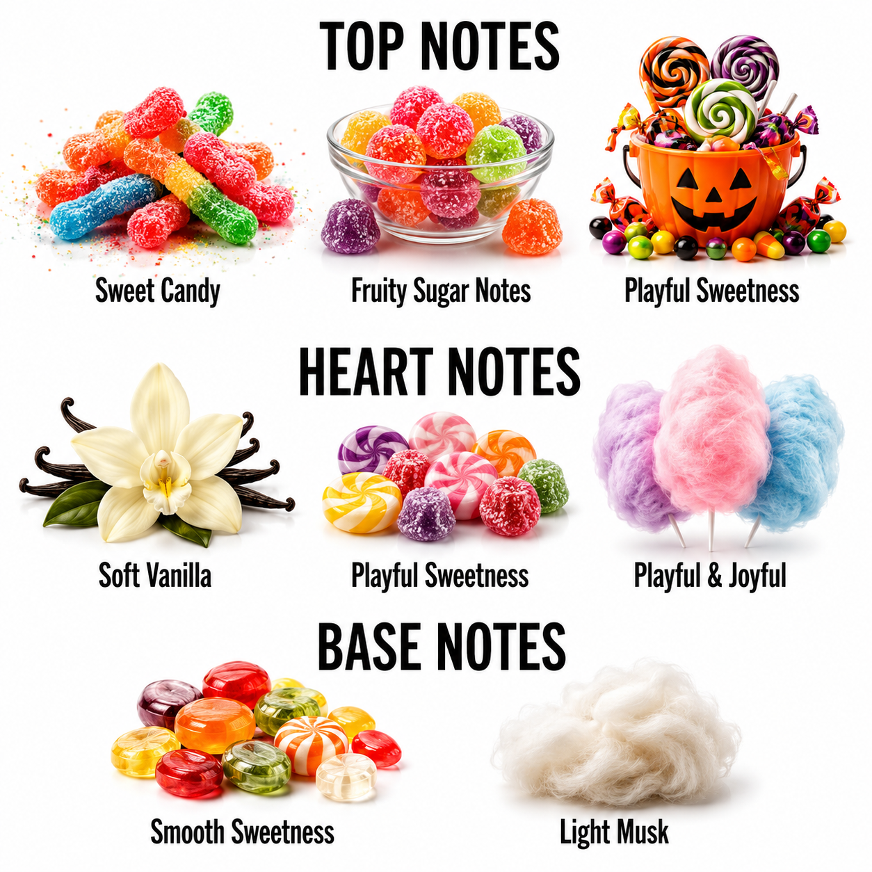 A fragrance notes graphic on a white background with the headings TOP NOTES, HEART NOTES, and BASE NOTES. It shows illustrated and photographed scent examples: colorful candy, sugar-coated sweets, lollipops in a pumpkin cup, vanilla flower, cotton candy in pastel colors, and fluffy white powder.