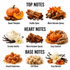 An autumn-themed fragrance notes graphic on a white background, divided into Top Notes, Heart Notes, and Base Notes. The top notes include Sweet Pumpkin, Gentle Spice, and Warm Autumn Spices.