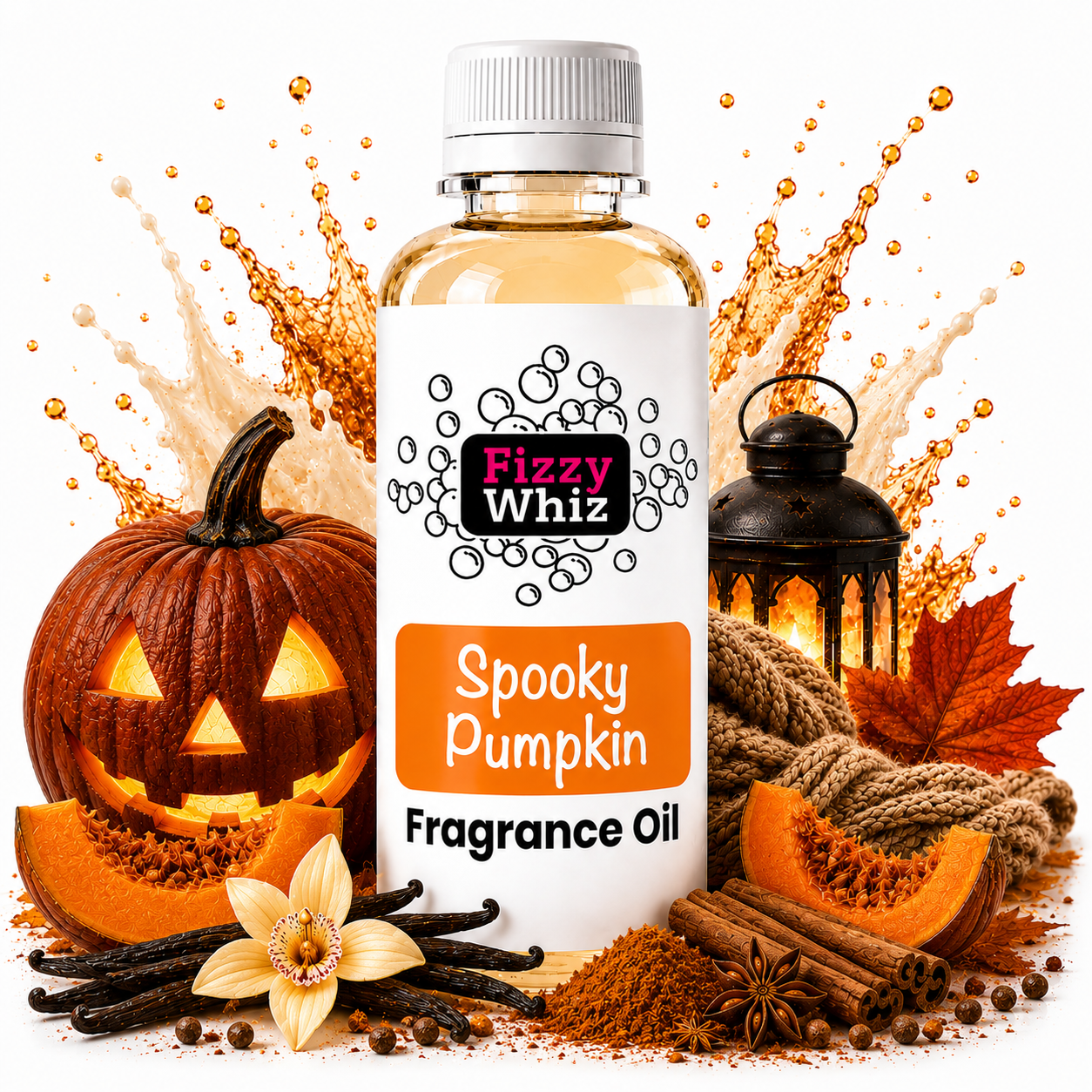 A bottle of Fizzy Whiz 'Spooky Pumpkin' fragrance oil centered against a white background with autumn-themed props including a carved pumpkin, pumpkin slices, cinnamon sticks, vanilla beans, a lantern, and orange leaves.