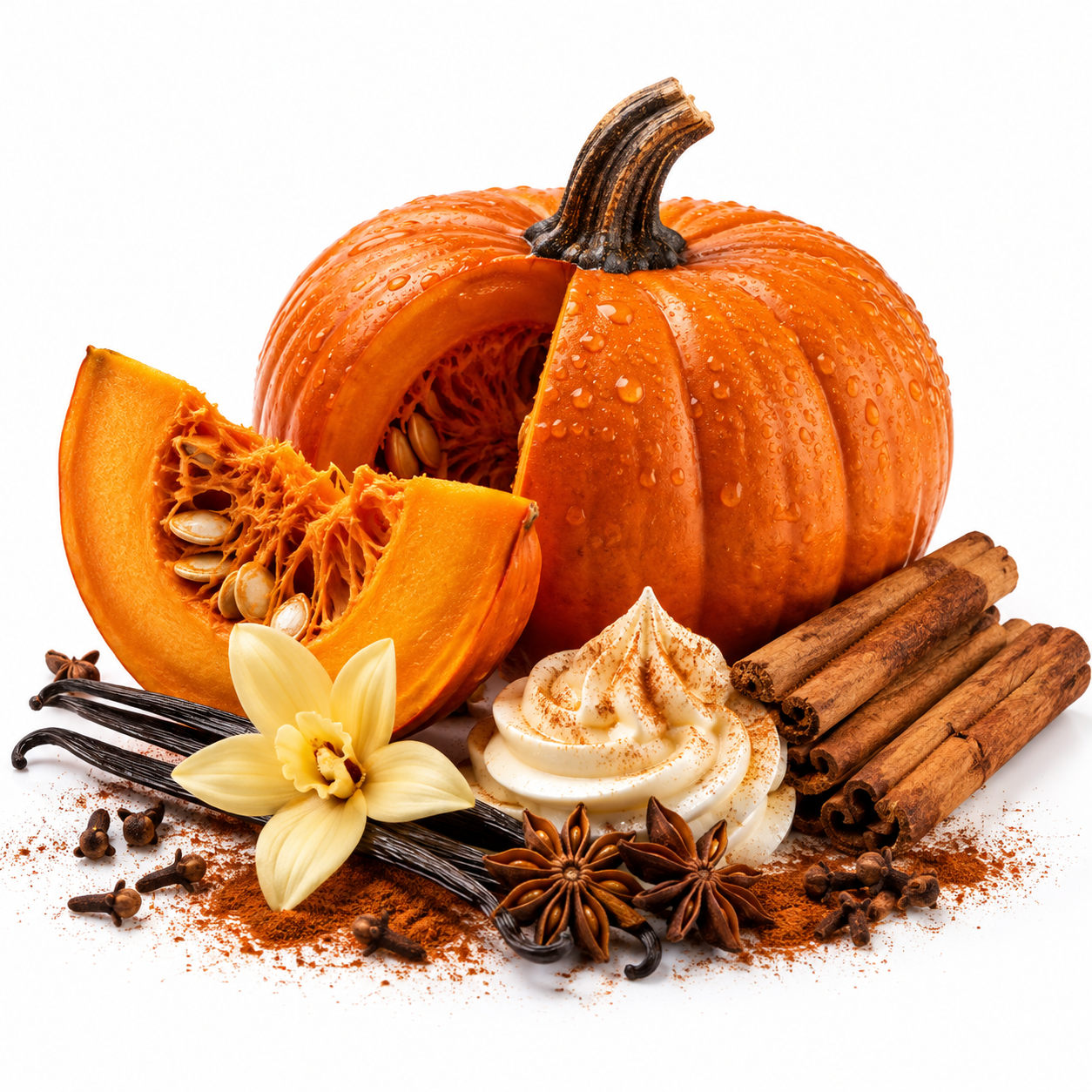 A styled arrangement of autumn spices and ingredients on a white background, featuring a whole and sliced orange pumpkin, cinnamon sticks, vanilla beans, star anise, cloves, cocoa powder, and a piped swirl of whipped cream dusted with cinnamon.