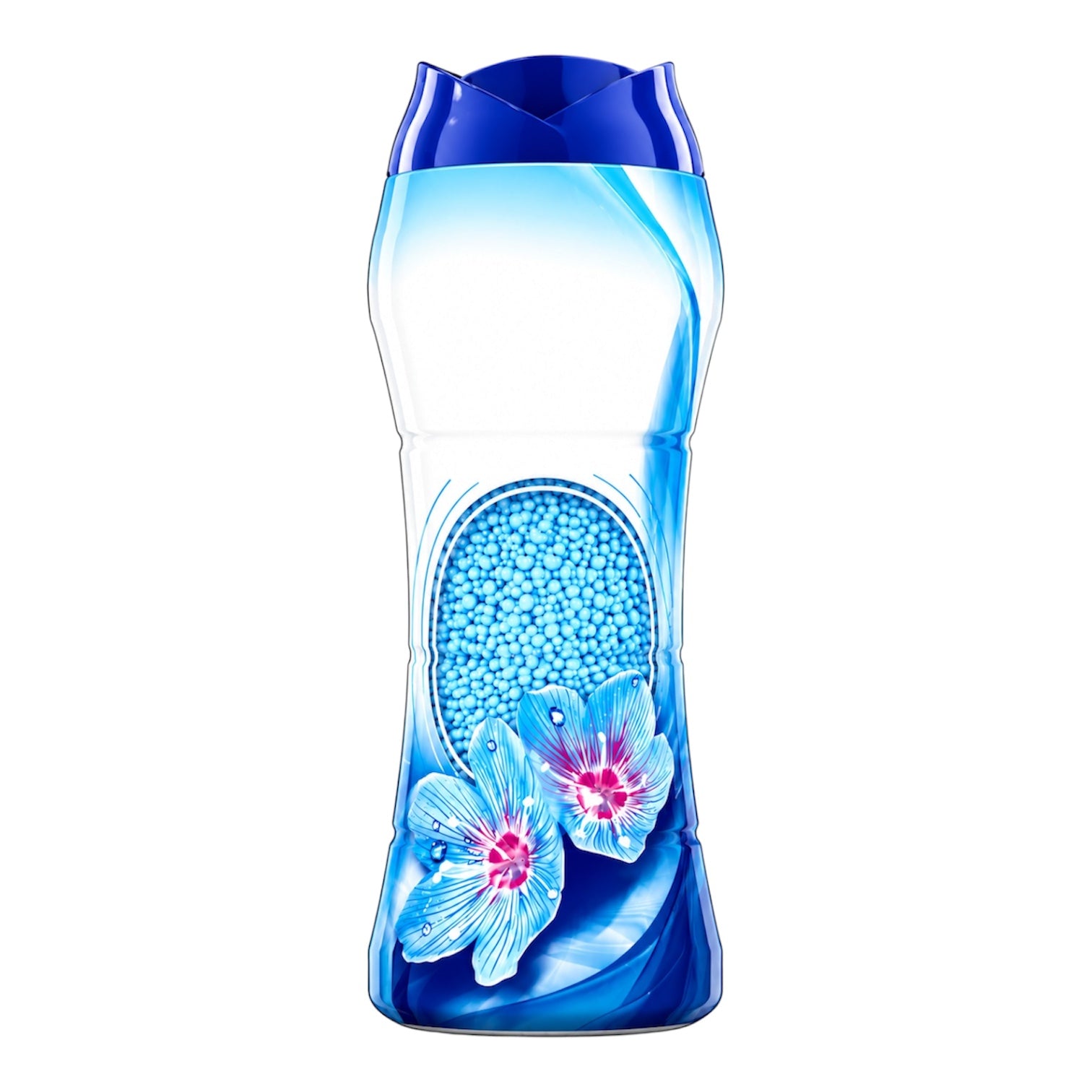 Blue water bottle with floral design on a white background