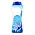 Blue water bottle with floral design on a white background