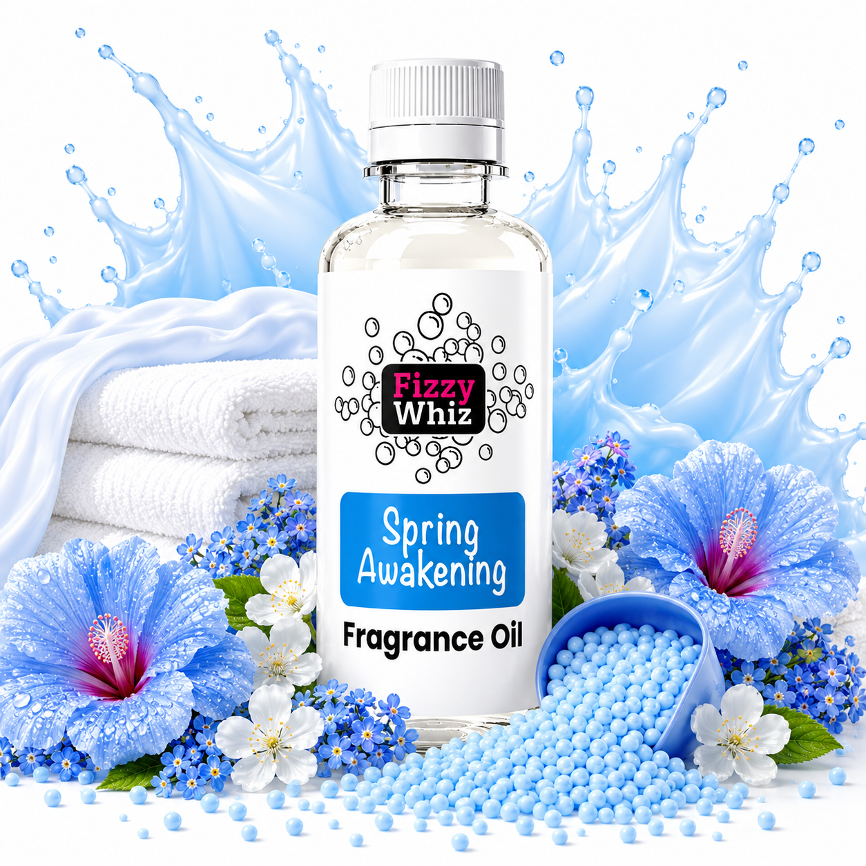 A bottle of Fizzy Whiz Spring Awakening Fragrance Oil centered on a white background with blue water splash graphics, folded white towels, blue flowers, and scattered blue fragrance beads. The bottle label reads Fizzy Whiz and Spring Awakening Fragrance Oil.