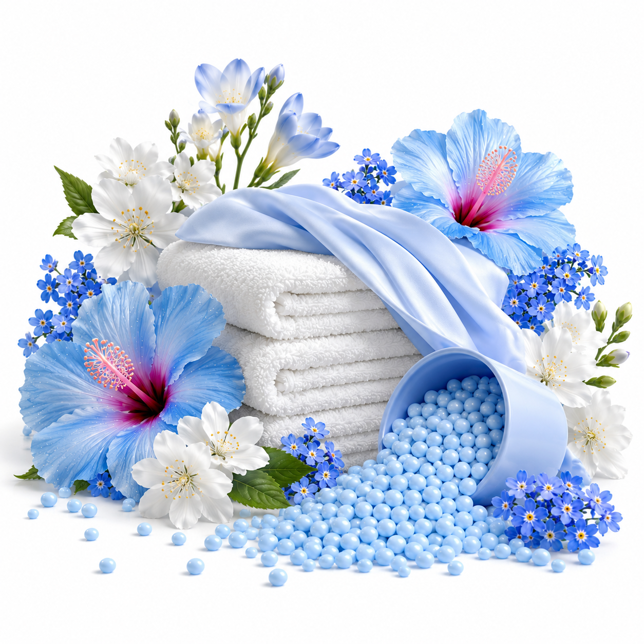A styled product arrangement on a white background featuring a stack of folded white towels draped with light blue satin fabric, a tipped-over light blue cup spilling small pale blue beads, surrounded by blue and white flowers and green leaves.